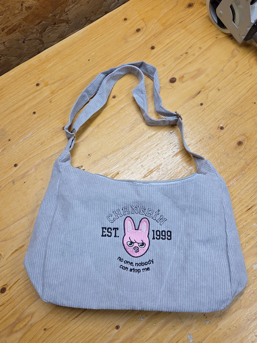 Light Gray Corduroy Shoulder Bag with Pink Bunny Embroidery Your Kpop Idol